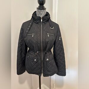 Michael Kors Petite Large Black Quilted Moto Jacket. Double Zip. Cinched Waist